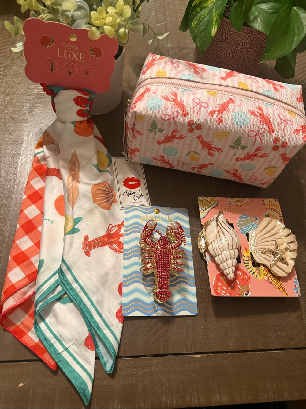 Piper K Luxe Hair Clip Bundle with Lobster Print Zip Cosmetic Pouch and Scarf